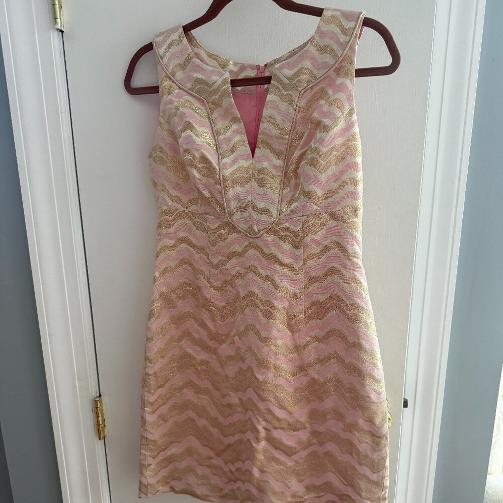 Lilly Pulitzer Pink Gold Metallic Chevron Shift Dress Women's Size 2